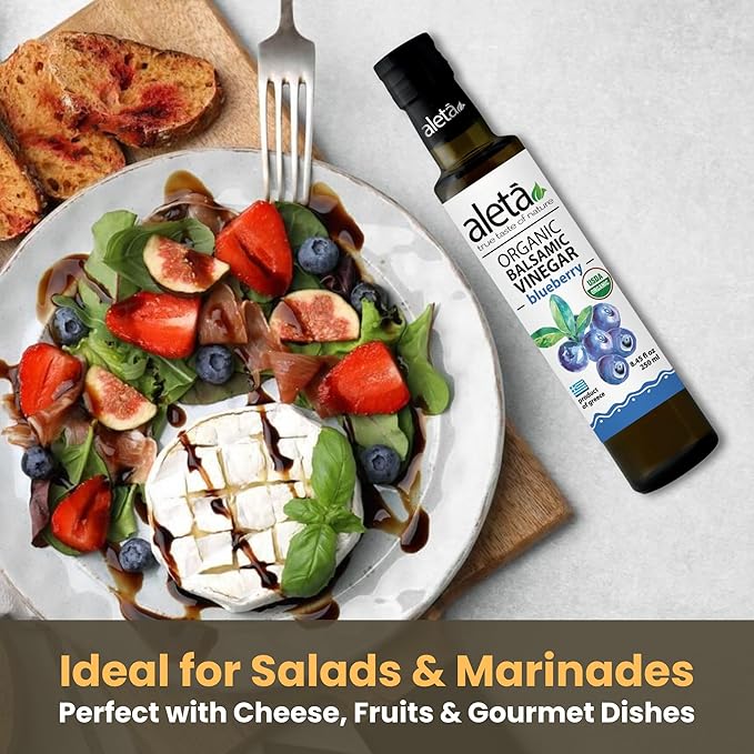 Aleta Farms Balsamic Vinegar, Greek Organic Blueberry Infused Aged Balsamic Vinegar, USDA Organic, Perfect for Salad Dressings, Pasta, Desserts & Cocktails, Glass Bottle, 8.45 fl oz (Blueberry)