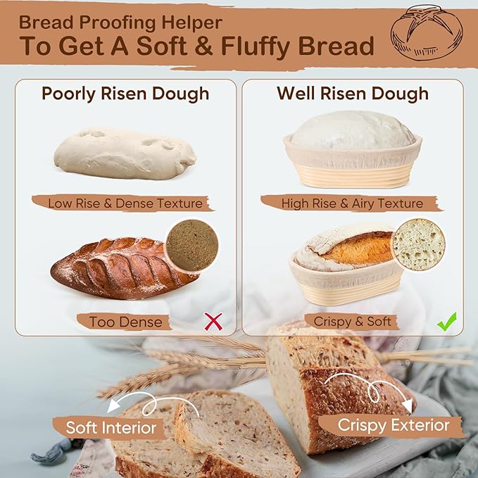 TeamFar Bread Proofing Basket Set of 2, Sourdough Bread Baking Supplies, 10 Inch Oval Proofing Baskets for Sourdough Bread Baking, Proofing Bowls with Liner for Dough Fermentation