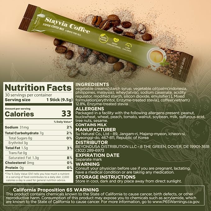 STAYVIA COFFEE Stevia Instant Coffee Packets - Korean Instant Latte with Sugar-Free & Low Calories - 30 Sticks (0.33oz) - Plant-Based Sweetener - Enjoy Caffeine Hot & Cold at Office, Home & Travel