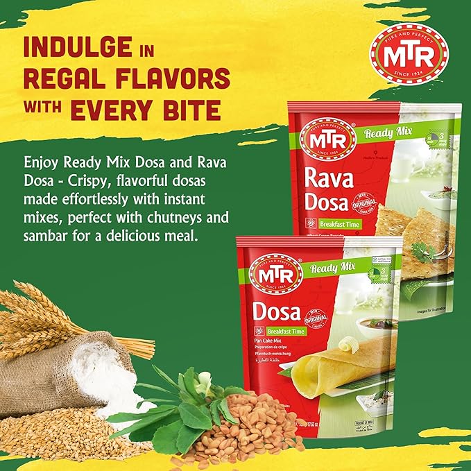 MTR Instant Assorted Mix - Ready to Cook Authentic Indian Breakfast, Lunch, Dinner or Snack Meal - No Added Preservatives - A Quick & Easy Recipe Suitable for Vegetarians - (Dosa Mixes, Pack of 2)