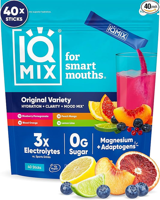 IQMIX Hydration Electrolyte Powder ??4-in-1 Formula for Hydration, Mental Clarity, Mood and Recovery ??Sugar-Free Drink Mix, Keto, Magnesium L-Threonate, Lion?™s Mane ??40 Count Variety Pack