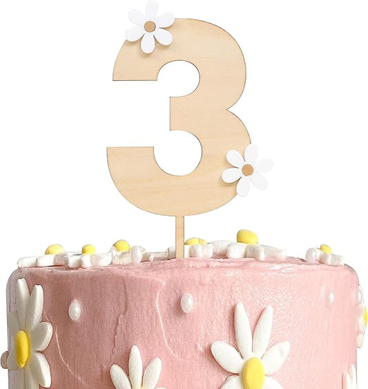 Wooden Daisy Cake Topper - 3rd Birthday & Anniversary Decor, Retro Groovy & Boho Style, Wooden Cake Decorating Supplies