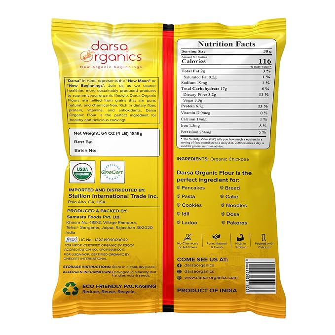 Darsa Organics Gram Flour - 2 lb Besan, Premium Grade USDA Organic Certified Chickpea Flour for Baking, Cooking & Skin Care, Chemical Free, Non-GMO, Vegan, Kosher, Ideal for Gluten Free Diets & Face Masks