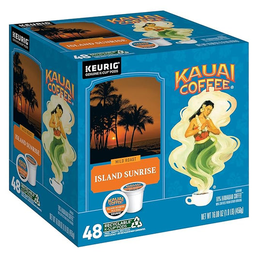 Kauai Coffee K-Cup Pods for Keurig Brewers – Arabica Coffee, 10% Hawaiian – Mild Roast, Light with Bright Aroma – Island Sunrise, 1 Pack of 48 Single Serve K-Cups