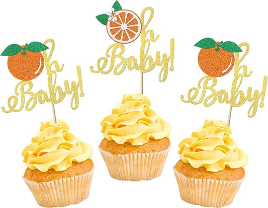 24 Pack Little Cutie Oh Baby Cupcake Toppers Glitter Orange Cupcake Picks for Citrus Theme Baby Shower Kids Birthday Party Tangerine Clementine Fruit Party Cake Decorations Supplies