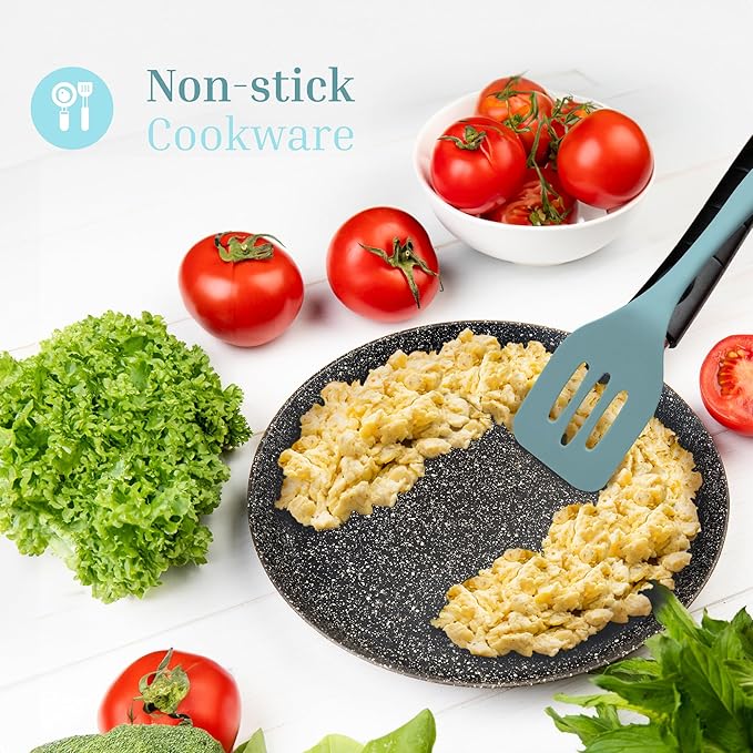 Silicone Utensils 4-Piece Set ??Rubber Spatula, Pastry Brush, Slotted Turner, and Rice Paddle ??Complete Heat-Resistant Set for Non-Stick Cookware ??Kitchen Tools for Cooking and Baking ??Pastel Blue