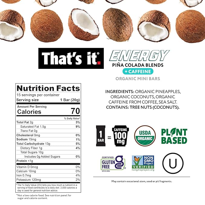 That?™s it. Piña Colada Energy Mini Bars | 100mg Natural Caffeine |Pineapple Coconut| Allergy-Friendly, Organic, Non-GMO, Gluten-Free Snacks | 15 Count