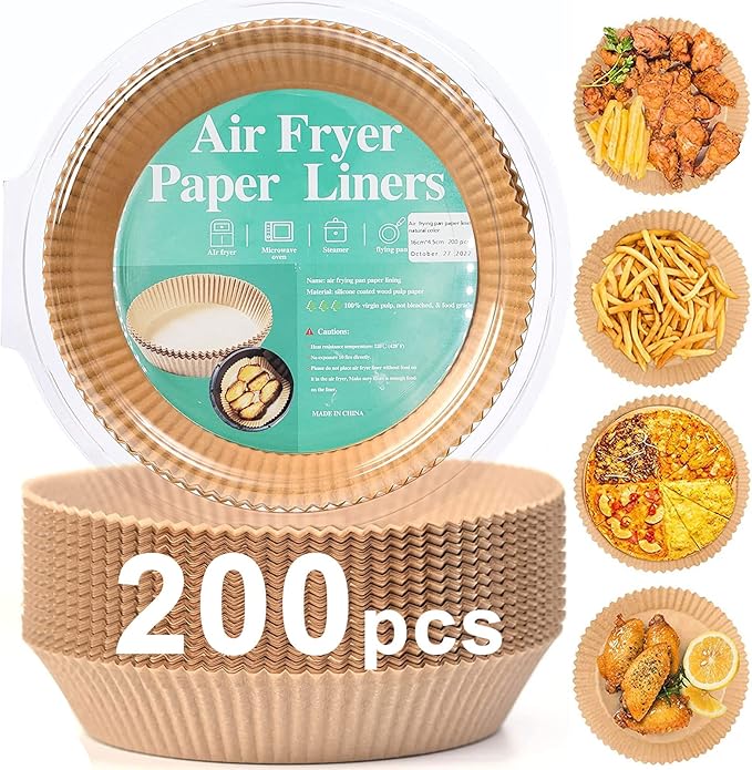 200pcs Air Fryer Disposable Liner, Non-Stick Parchment Paper for Baking, Oil-Proof, Water-Proof, Food Grade (6.3" Bottom, 7.9" Top)