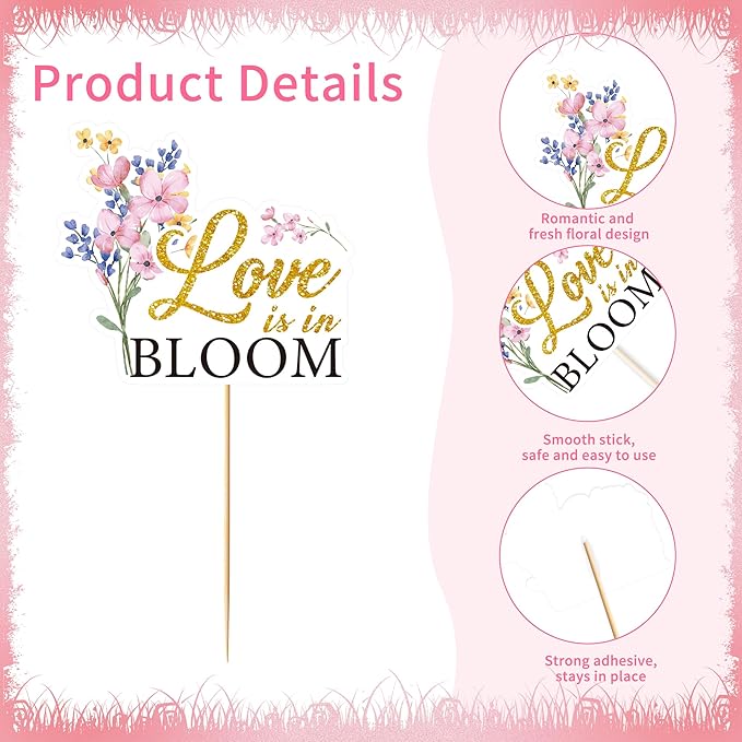 24 Pcs Love is in Bloom Cupcake Toppers, Love in Bloom Bridal Shower Cupcake Decorations, Flower Theme Party Supplies, Engagement Wedding Cake Party Decor