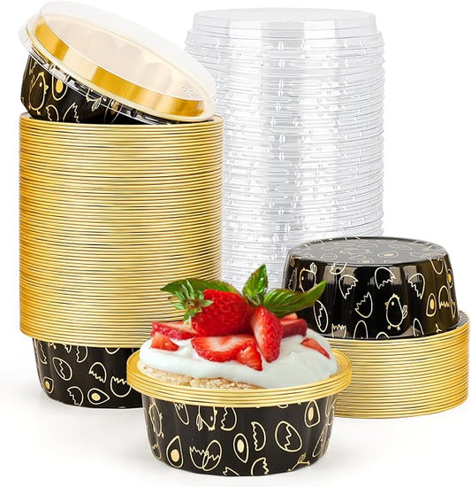 Beasea Disposable Ramekins 8oz, 100 Pack Foil Cups with Lids Cupcake Cups Black Gold Aluminum Foil Cups Creme Brulee Muffin Cupcake Baking Cup Mini Pudding Cake Tins for Party Wedding Birthday