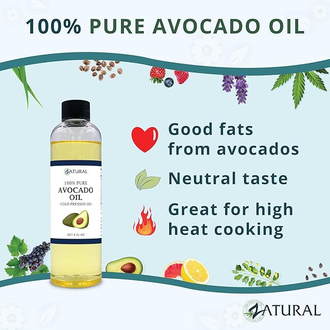 Zatural 100% Avocado Oil Pure Natural without Additives, Clean, Cold Pressed, Non-GMO, Vegan: For Cooking, Frying, Baking and for Sauces, Dressings, Marinades, Salads (8 Ounce)