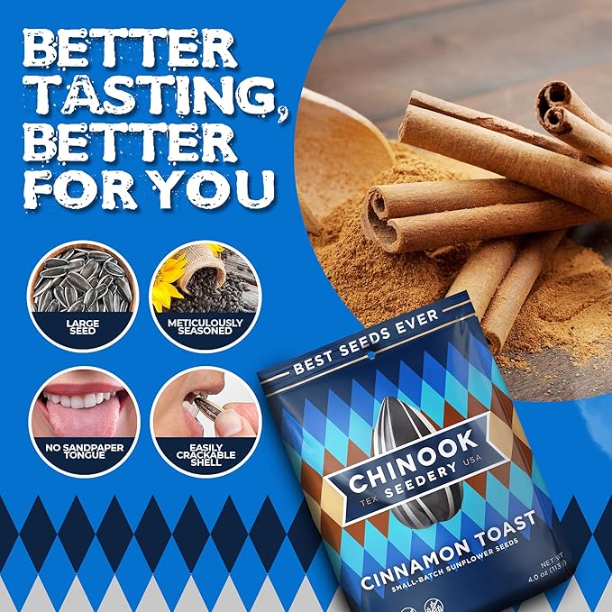 Chinook Seedery Roasted Jumbo Sunflower Seeds - Keto Snacks - Best For Snack Packs - Gluten Free, Non GMO Snack Food Gifts - 4 ounce (Pack of 12) - Cinnamon Toast Flavor