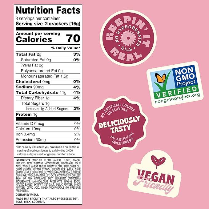 Back to Nature Pink Himalayan Sea Salt Multigrain Flatbread Crackers, Non-GMO, Vegan Friendly, Made with Wheat Flour & Whole Grains, 5oz Box