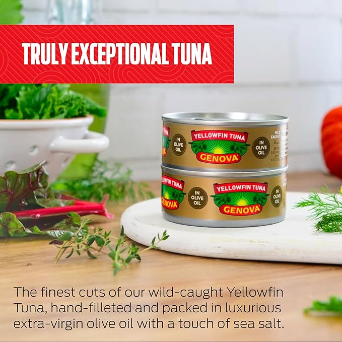 Genova Premium Yellowfin Tuna in Olive Oil, 5 Ounce Cans, 12-Pack – Nutrient Rich, High Protein Canned Tuna Fish - Delicious, Easy, Nutritious Ready to Eat Meals