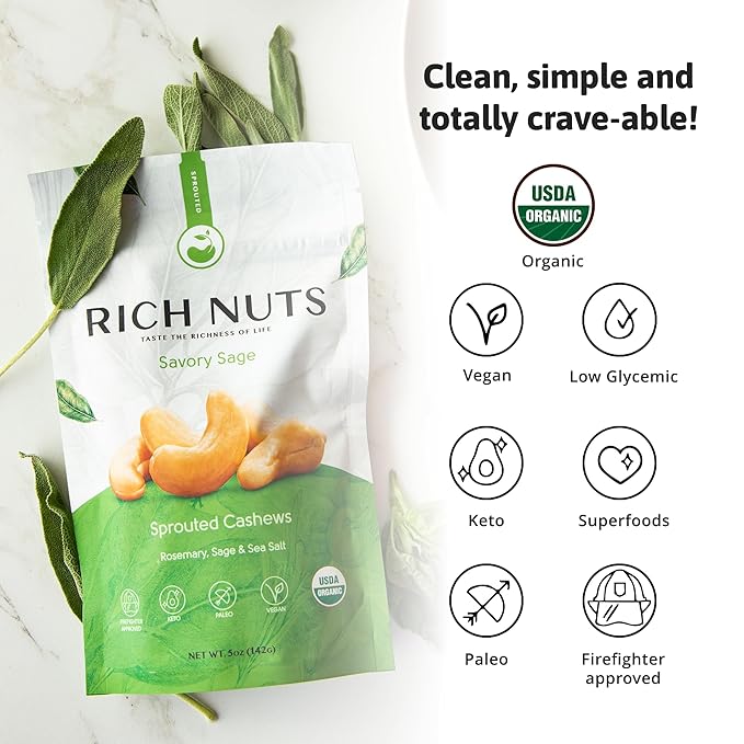 Rich Nuts Savory Sage Gourmet Sprouted Cashews | Vegan, Paleo, Keto | Made with Organic Rosemary, Sage, and Sea Salt | Non-Roasted from Dehydrated Germinated Raw, Whole Cashews | 5 Oz Bag (2 Pack)
