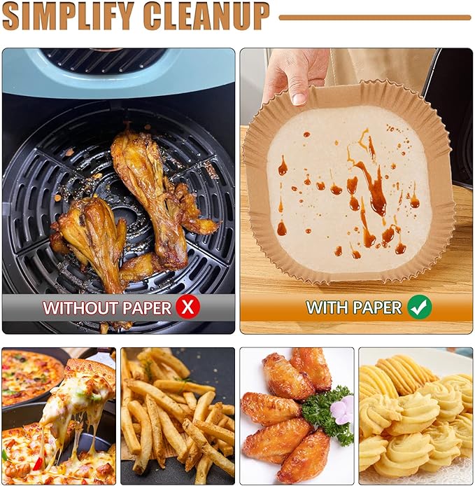 Air Fryer Liners Disposable 7.9??Square Airfryer Liners, 100 Pcs Air Fryer Parchment Paper Liners, Non-Stick airfryer paper liners, Air Fryer Cheat Sheet Magnets Over 200 Foods (Air Fryer Accessories)