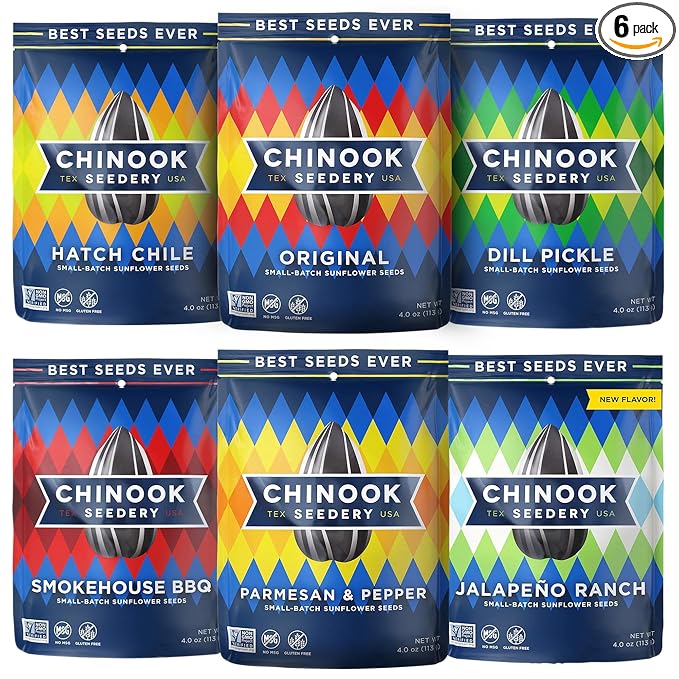 Chinook Seedery Roasted Jumbo Sunflower Seeds - Keto Snacks Sampler - Best For Snack Packs - Gluten Free, Non GMO Snack Food Gifts - 4 ounce (Pack of 6) - 6 Flavor Sampler Pack