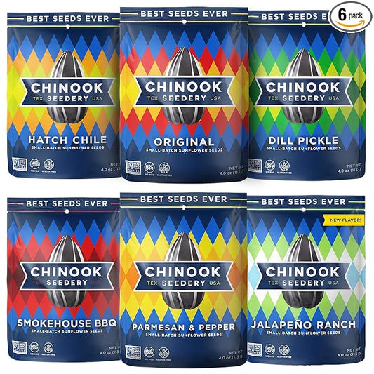Chinook Seedery Roasted Jumbo Sunflower Seeds - Keto Snacks Sampler - Best For Snack Packs - Gluten Free, Non GMO Snack Food Gifts - 4 ounce (Pack of 6) - 6 Flavor Sampler Pack