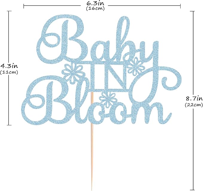 Baby in Bloom Cake Topper - Glitter Light Blue Baby Shower Cake Decorations for Boy or Girl, for Baby Birthday Party or Gender Reveal Party Photo Booth Props