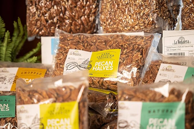 La Nogalera Organic - USDA and CCOF Certified Organic Shelled Pecan Halves in 2 pound bag. Pecan nut halves, NO SHELL, Non-GMO, Kosher and Halal Certified and Ketogenic friendly