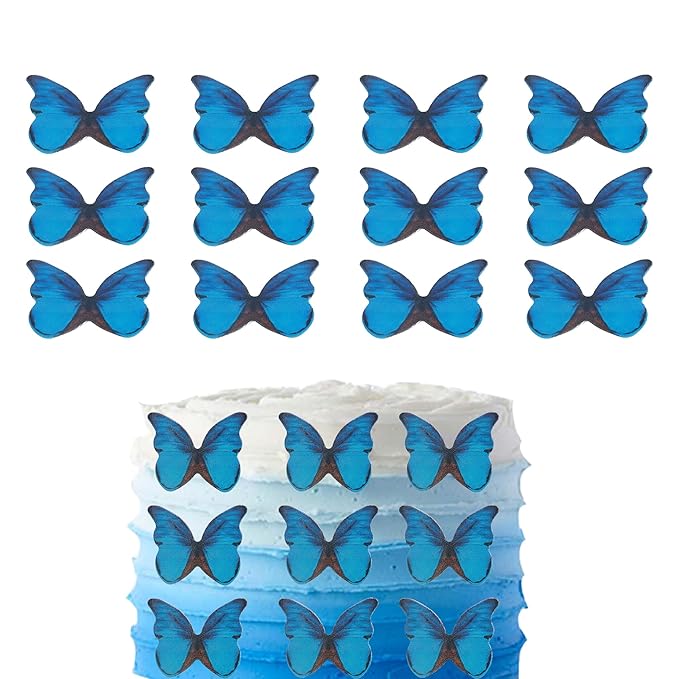 48Pcs Edible Wafer Paper Butterfly Cupcake Toppers 3D Cake Realistic Butterfly Dessert Decoration for Birthday Party Wedding Food Decorations - Bule