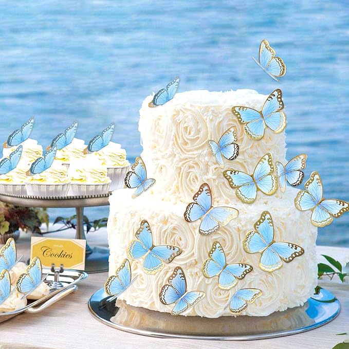30pcs Blue Gold Edge Mixed Size Lively 3D Waterproof Butterfly Cupcake Topper for Girls Women's Happy Birthday Wedding Party Cake Wall Party Food Decorations