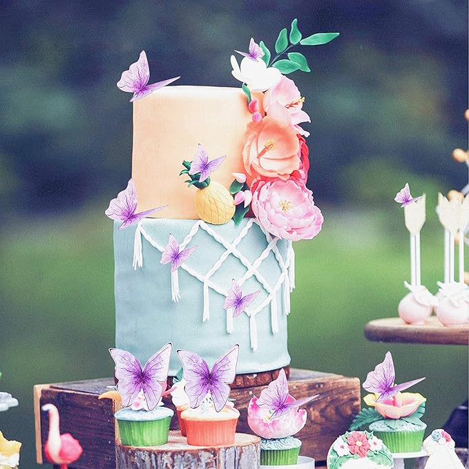 30pcs Purple Mixed Size Lively 3D Waterproof Butterfly Cupcake Topper for Girls Women's Happy Birthday Wedding Party Cake Wall Party Food Decorations