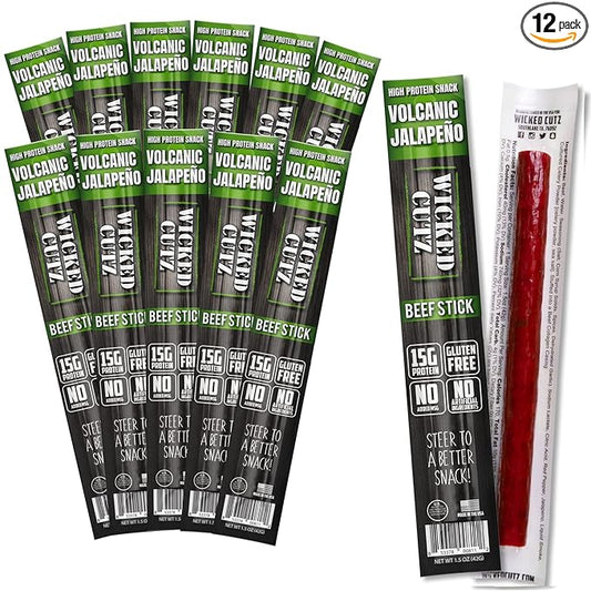 Wicked Cutz Volcanic Jalapeno Spicy Beef Sticks, Tender, Flavorful, Extra Large, Hot Beef Jerky Sticks with 15g of Protein Per Meat Stick, Gluten Free, High Protein, Healthy Snacks for Adults (12 Total)