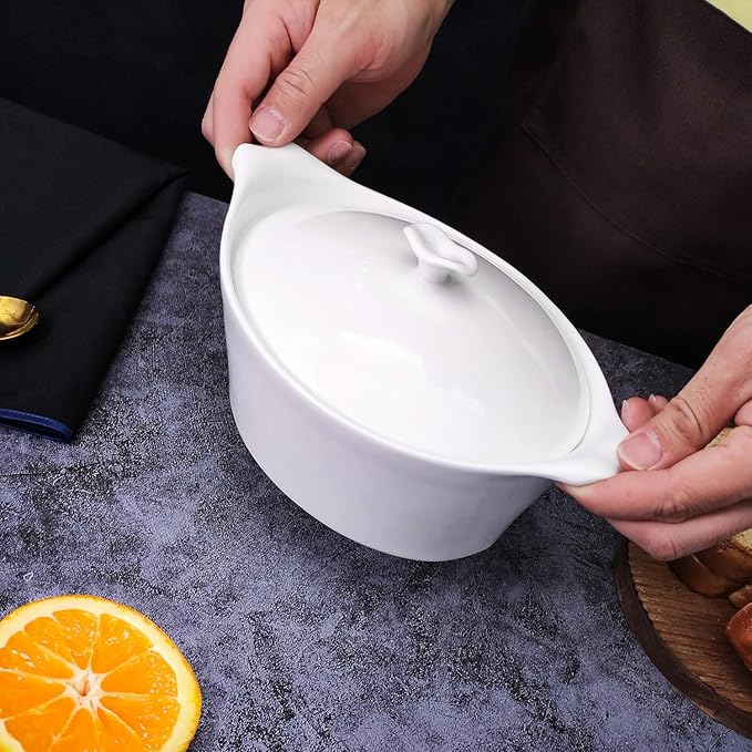 8.7" x 6.7" Ceramic Oval Casserole Dish with Lids,1.6 Qt White French Serving Soup Tureens, Baking Dish with Handle 11.3 IN, for Casseroles, Lasagna Cookware Set, Microwave, Oven Safe