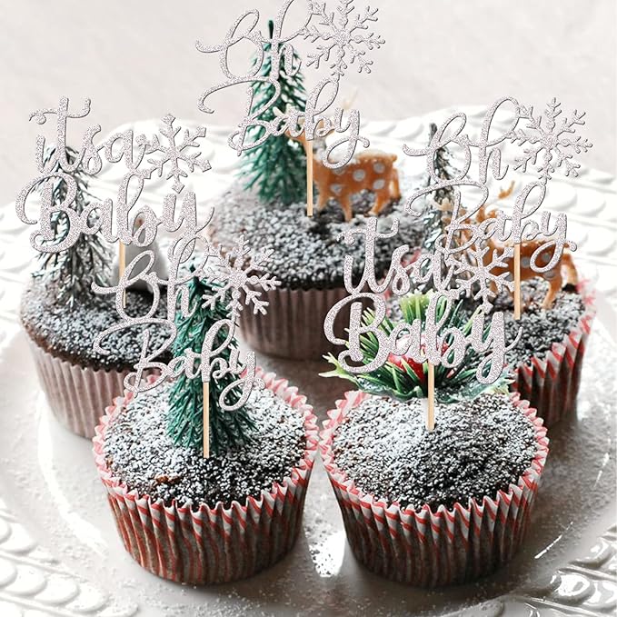24 PCS Oh Baby Snowflake Cupcake Toppers Silver Glitter Winter Frozen Snowflake It's a Baby Cupcake Picks for Winter Wonderland Baby Shower Birthday Merry Christmas Party Cake Decorations Supplies