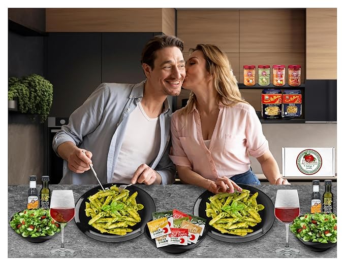 Imported Italian Dinner for Two Meal Kit - Basil Pesto, Ricotta & Peppers Pesto, Pasta, Seasonings and Sweets Gift Box