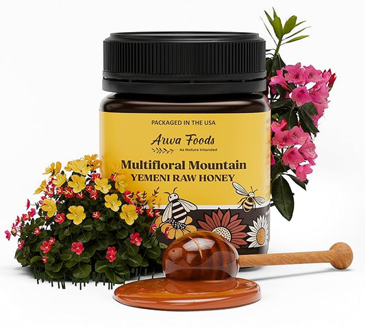Arwa Foods Multifloral Mountain Yemeni Raw Honey - Royal Yemeni Raw Organic honey from Wadi of Douan - Sealed & Packaged in USA - 100% Unfiltered, Raw & Pure Honey (8.82 oz)