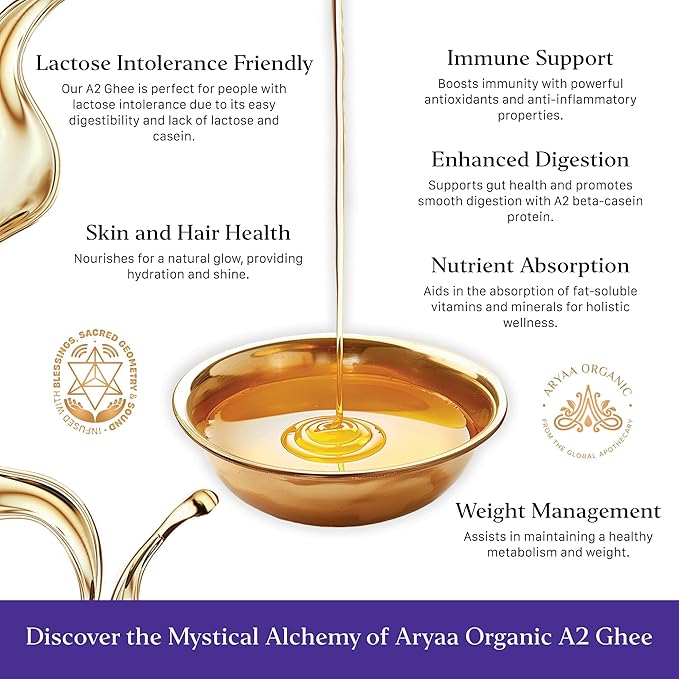 Aryaa Organic A2 Ghee | Grass-fed Cow Ghee, Bilona Method |1Liter (34 fl oz) | Premium Ayurvedic Elixir | Lactose-free, Non-GMO, Keto-Friendly, Gluten-Free, Hormone-Free, Additive Free