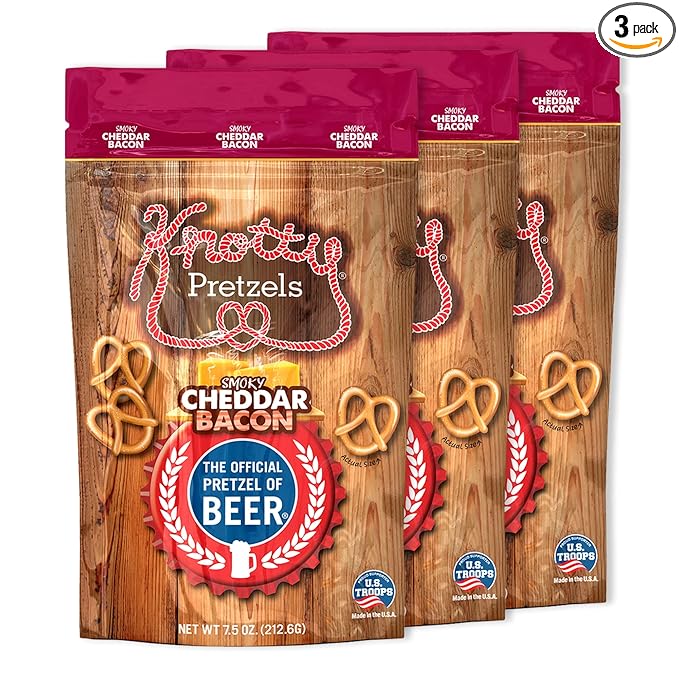 Knotty Pretzels - "The Official Pretzel of Beer" 7.5 Ounce Individual Seasoned Pretzel in Resealable Snack Bags - Smokey Cheddar Bacon (3 Pack)