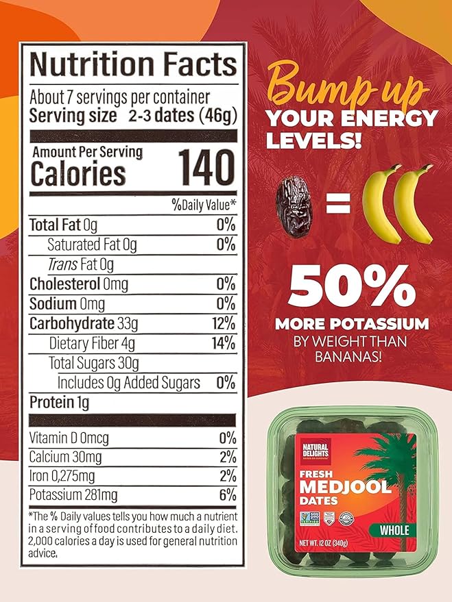 Natural Delights Medjool Dates Whole - Non-GMO Verified Fruit, Good Source of Fiber & Potassium, Naturally Sweet, Snack for On-the-Go, Large & Plump Dates - 12 oz Tub (Pack of 2)