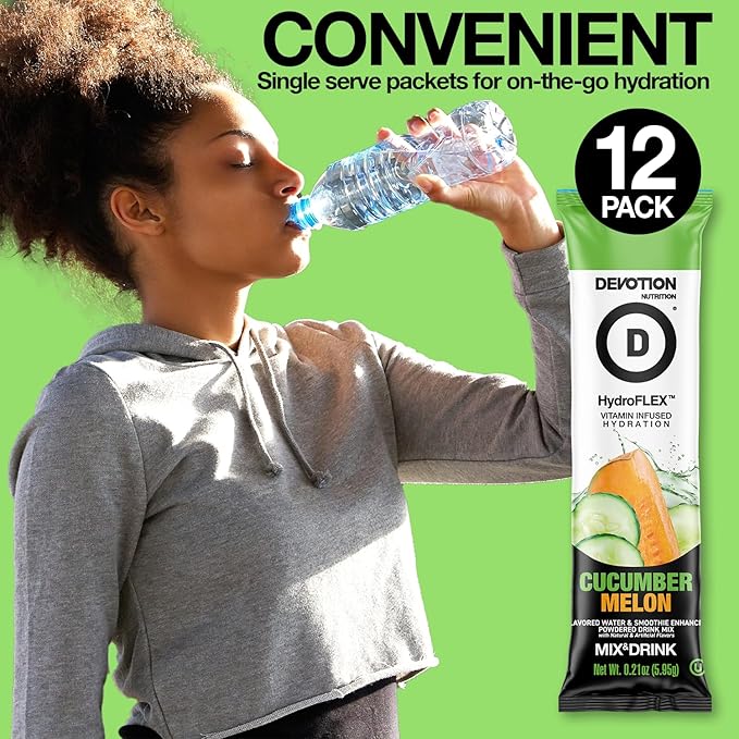 Devotion Nutrition HydroFLEX Water Flavoring Packets ??Sugar-Free Hydration with Vitamins & Electrolytes ??Dye-Free, Gluten-Free (Cucumber Melon) 12-Pack Drink Mix