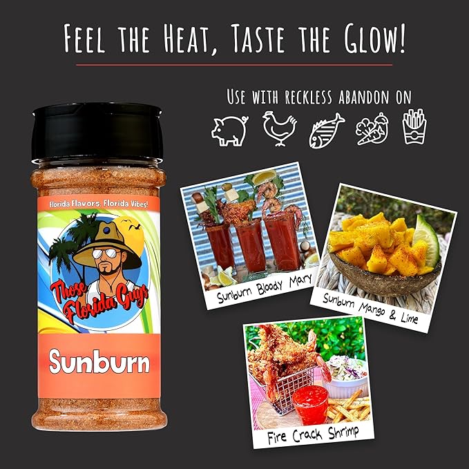 Sunburn Seasoning and Rub, 150g - Unique Blend of Fruity Habanero & Tropical Tang for Bold and Pleasant Heat - Perfect Spices for Pork, Chicken, Fish, Shrimp, French Fries & More