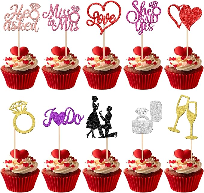 30 PCS Bride to Be Cupcake Toppers Glitter Miss to Mrs I Do Love Heart Ring Cupcake Picks Wedding Bridal Shower Cake Decorations for Wedding Engagement Bachelorette Party Supplies Multi