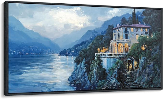 QZQCBLC Landscape Canvas Wall Art, Blue Mountains Lake Houses Green Trees Scenery Framed Paintings Artwork for Living room Bathroom Bedroom Home Office Wall Pictures Decor 20x40 IN