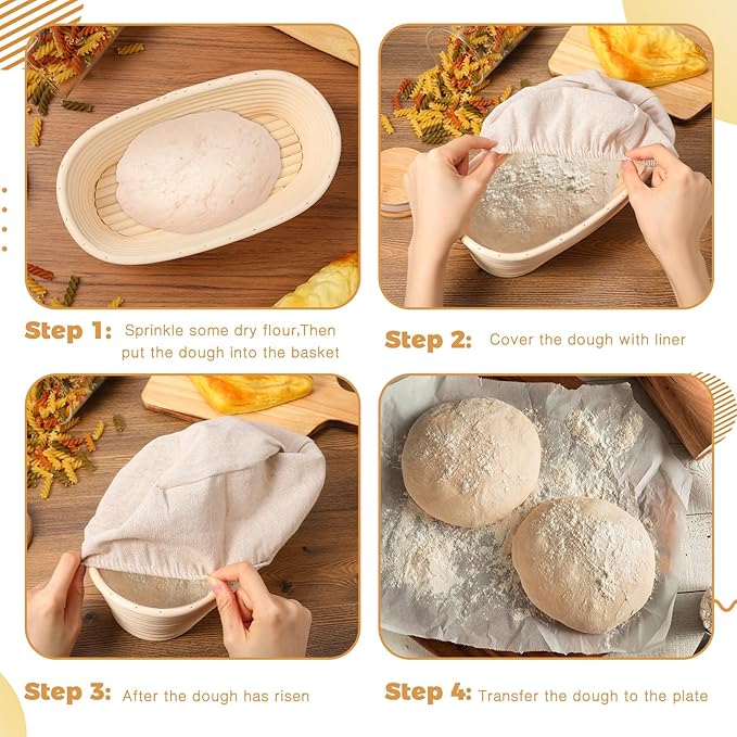 Gejoy 12 Set Bread Proofing Baskets Oval Shaped Banneton Dough Proofing Bowls Kit with Cloth Liner and Plastic Scraper Sourdough Proofing Basket for Home Sourdough Bakers Supplies (10 Inch)