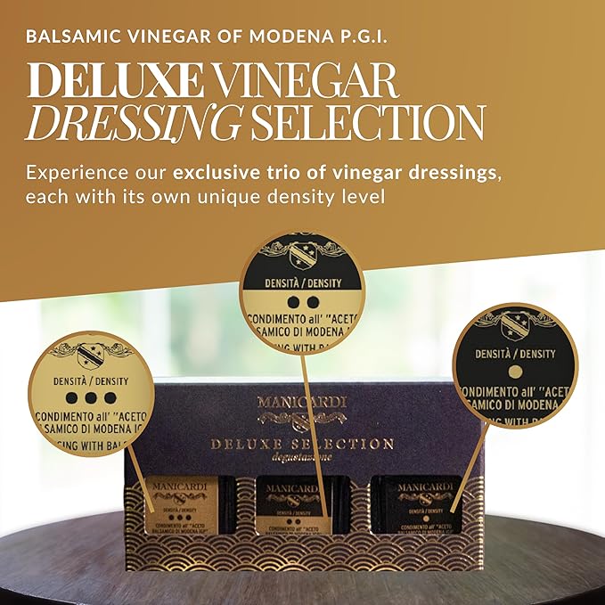MANICARDI Set of 3 Condiments with Balsamic Vinegar of Modena PGI - Selected with Three Different Degrees of Density - Made in Italy, 100 ml Each
