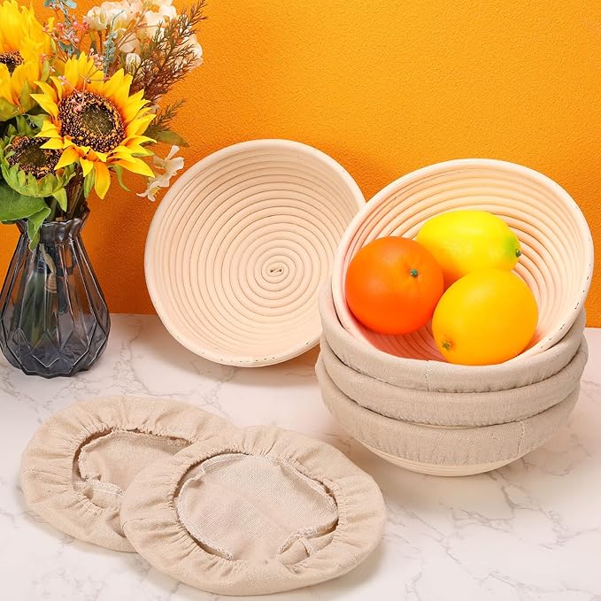 Nuogo Set of 5 Banneton Bread Proofing Basket 8.5 inch Round Sourdough Proofing Basket Bowl with Liners and Scatters for Home Making Bread Bakers Baking