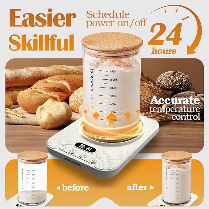 2025 Upgrade Sourdough Starter Warmer,Temperature Control Range 70°F-110°F, Accurate to 1°F, with Timer Switch Function(0-24 hours),Powered by USB. (White)