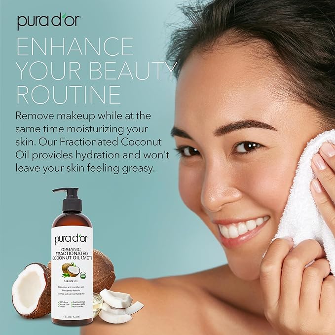 PURA D'OR 16 Oz ORGANIC Fractionated Coconut Oil - MCT Oil - 100% Pure & Natural USDA Certified Cold Pressed Carrier Oil - Unscented, Hexane Free Moisturizer For Face, Skin & Hair Tonic - Men & Women