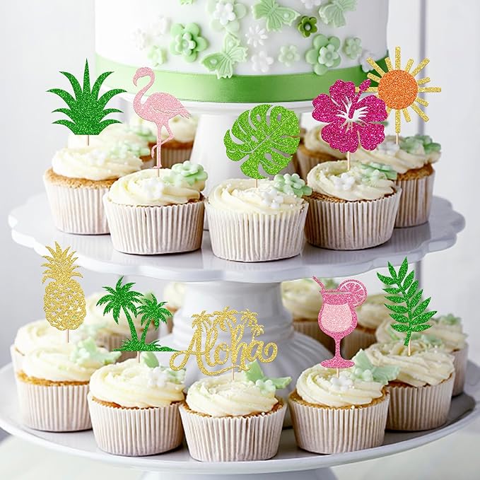 Rsstarxi 30 Pack Tropical Cupcake Toppers Sun Glitter Flamingo Hawaiian Luau Aloha Cupcake Picks for Summer Tropical Baby Shower Wedding Birthday Party Cake Decorations Supplies