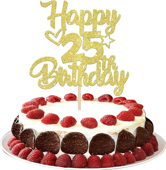 1 Pack Happy 25th Birthday Cake Topper Glitter Heart Star 25 Fabulous Cake Pick Birthday Sign Cake Decorations for Children 25th Birthday Theme Party Supplies Gold