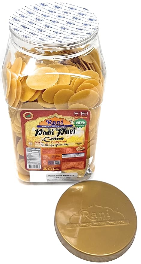 Rani Pani Puri Coins (Uncooked, Microwaveable Wheat Semolina Coins) 64oz (4lbs) w/Pani Puri Masala (14-Spice Blend for Indian Spicy Water) 1.75oz (50g) ~ All Natural | Vegan | NON-GMO | Kosher