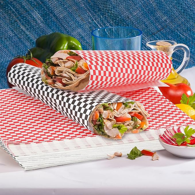 Tanlade 1000 Pcs Deli Paper Sheets 12 x 12 Inches Sandwich Paper Deli Basket Liner Wrap Food Basket Liners Wrapping Checkered Sheets for Bread and Sandwiches(Black, Red)