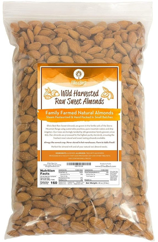 Raw Almonds Sweet Wild Harvested - Fresh & Plump - Naturally Steam Pasteurized 100% Natural Almonds - Family Farmed Since 1875 3lb. 5 & 10lb Bulk Bags Available - Ellie's Best ??"<div>