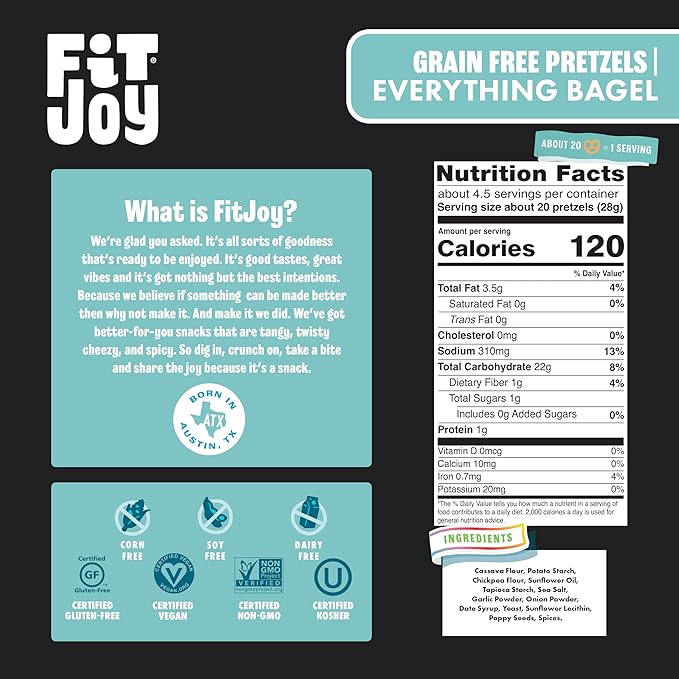 FitJoy Everything Bagel Pretzels (Pack of 6, 4.5 Oz), Dairy, Nut & Gluten Free Snacks, Grain Free Cassava Root & Chickpea Flour Vegan Pretzel Twists, Classic Snack Pretzels for Moms, Children & More